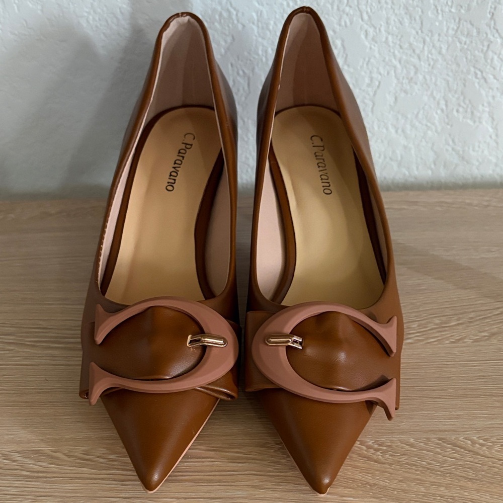 C. Paravano Tan Pointed-Toe Heels with Decorative Buckle